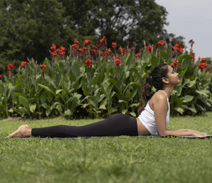 Yoga practitioner performing Salamba Bhujangasana, the Sphinx pose, outdoors on grass